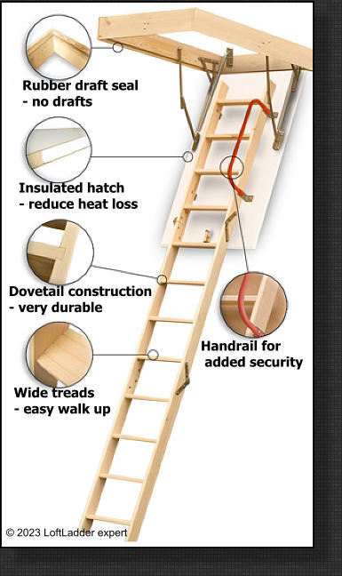 Wide treads - easy walk up Handrail for  added security Dovetail construction - very durable Insulated hatch - reduce heat loss Rubber draft seal - no drafts © 2023 LoftLadder expert